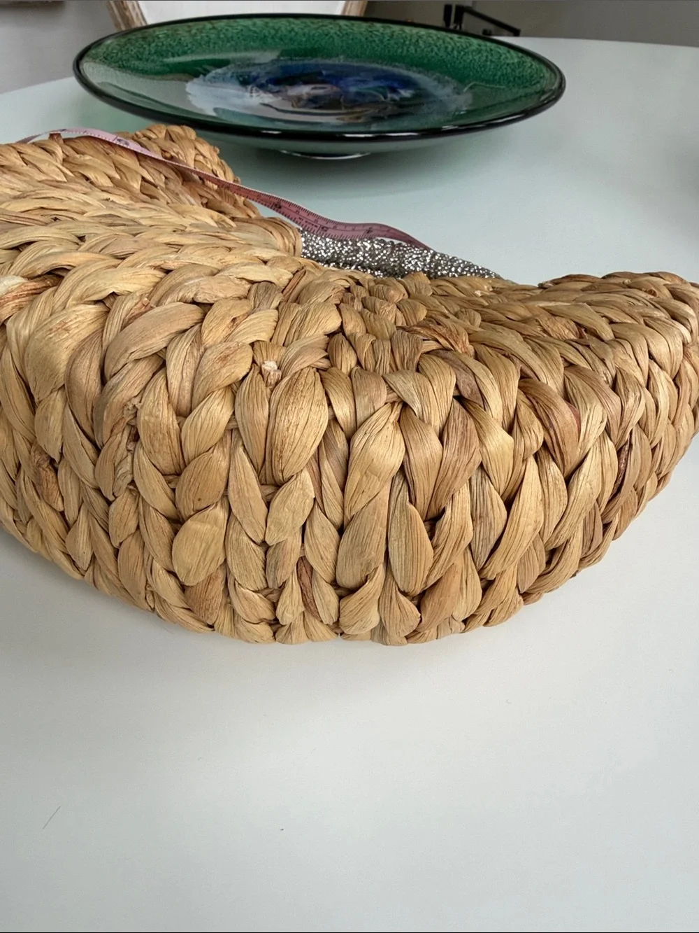 Unbranded Natural Woven Straw Handbag with Rhinestone Handle